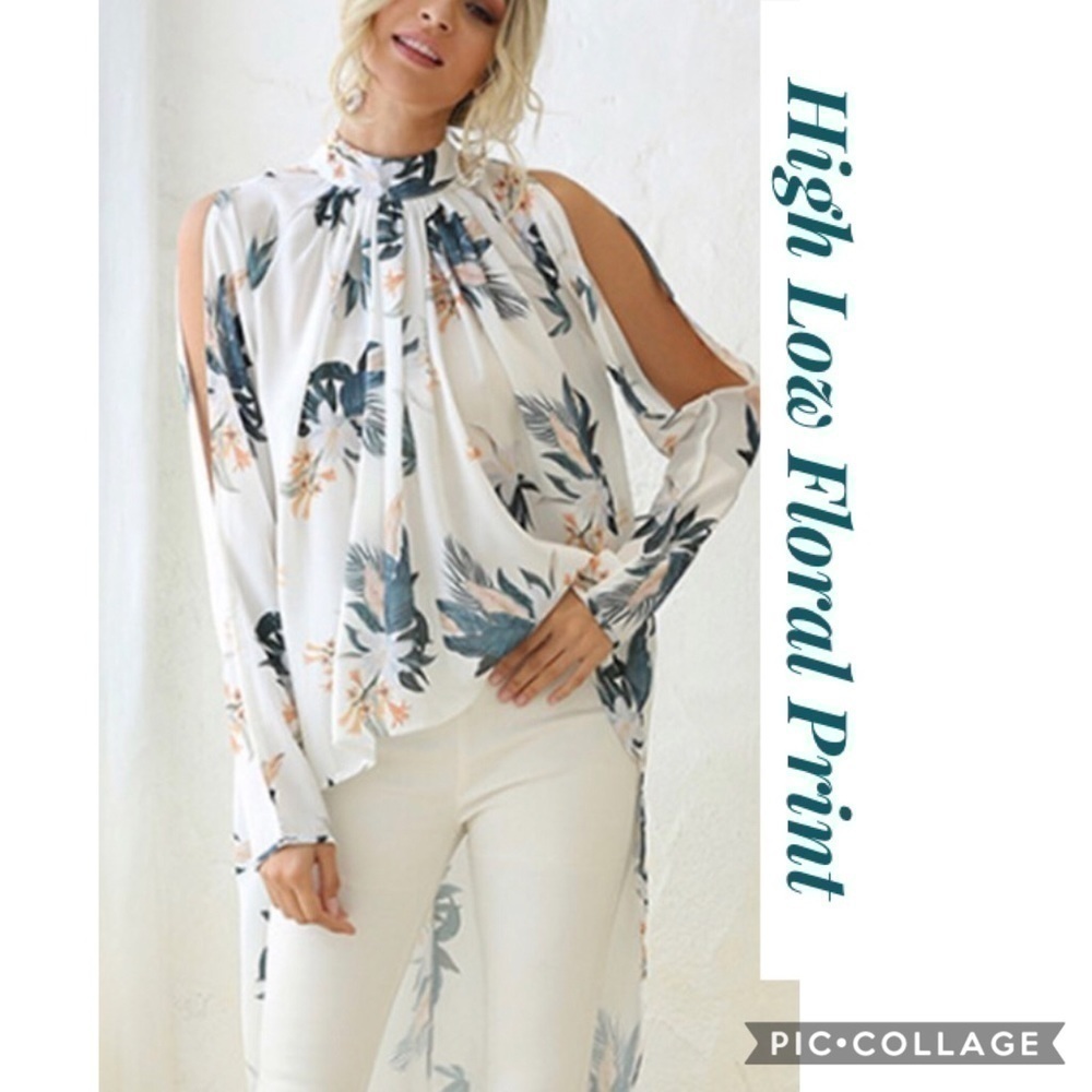 White High Low Top w/Floral Print
